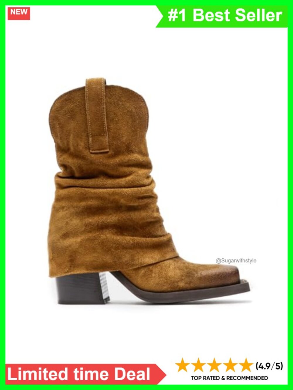 Faux Suede Fold Over Boots Square Toe Chunky Block Heel Mid Calf Pull On